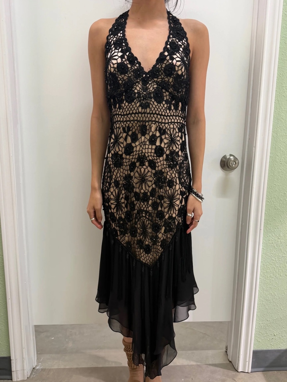 Sue Wong Vintage Black Crochet Midi Dress with Nude Lining